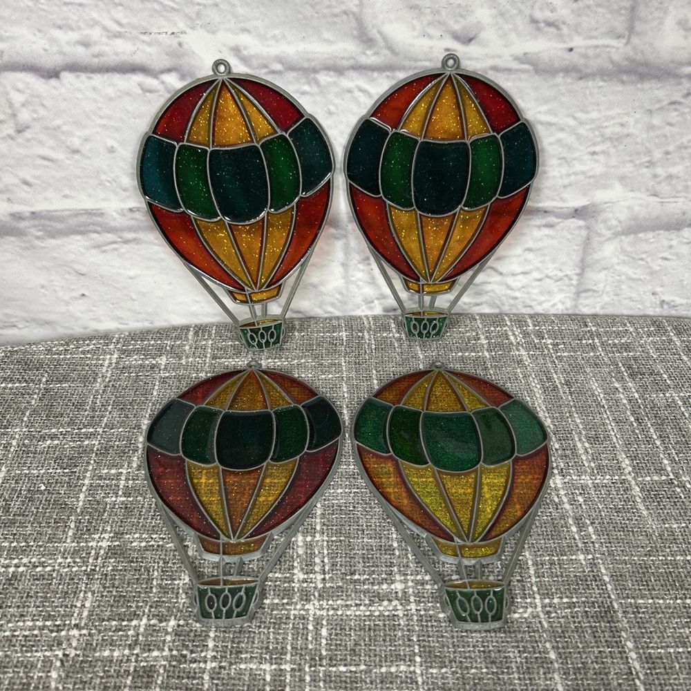 Hot Air Balloon Sun Catchers Vintage Metal Framed Set of 4 Retro Flight 7"